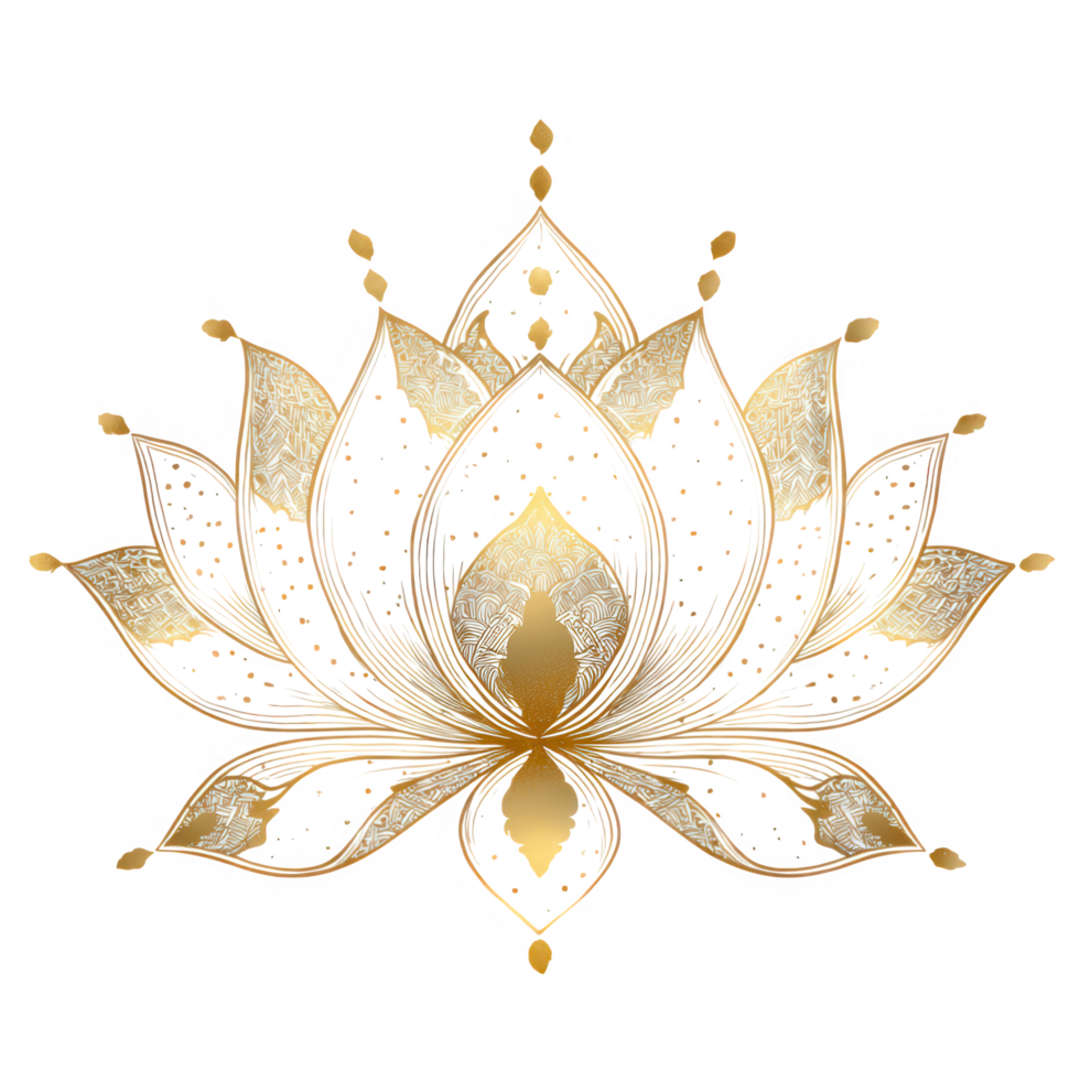 Beautiful gold lotus flower design, symbolizing serenity and meditation, with intricate patterns and details that evoke sense of calm and tranquility png