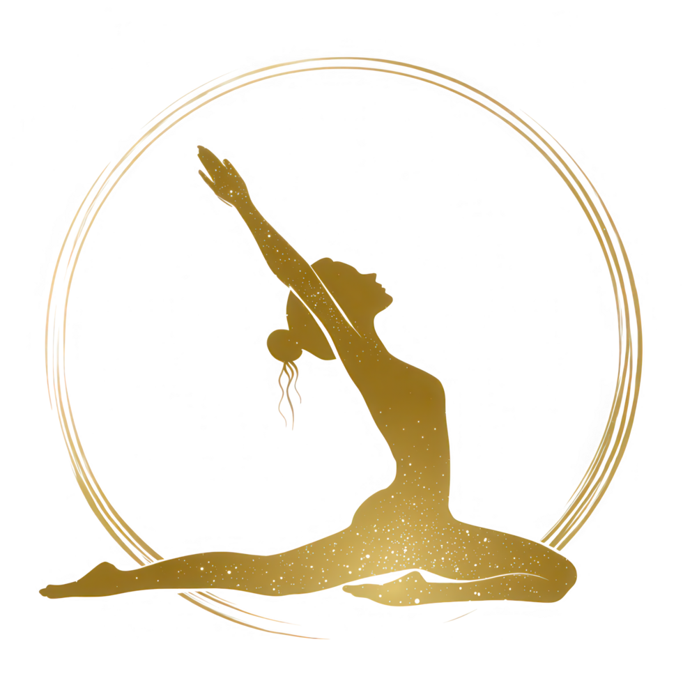 Graceful silhouette of woman performing yoga pose, surrounded by circular gold line. This artwork embodies wellness and tranquility, perfect for promoting mindfulness and relaxation png