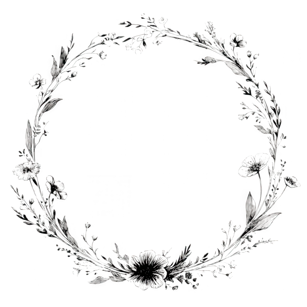 Elegant botanical wreath design featuring intricate floral elements in circular shape, perfect for decorative purposes and adding touch of nature beauty to any project png