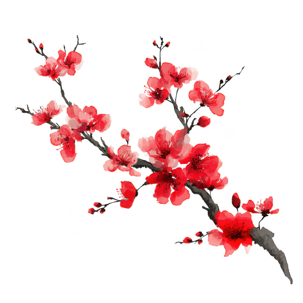 Beautiful cherry blossom branch with vibrant red flowers, showcasing essence of spring and renewal. This seasonal floral element adds touch of elegance and charm to any design png