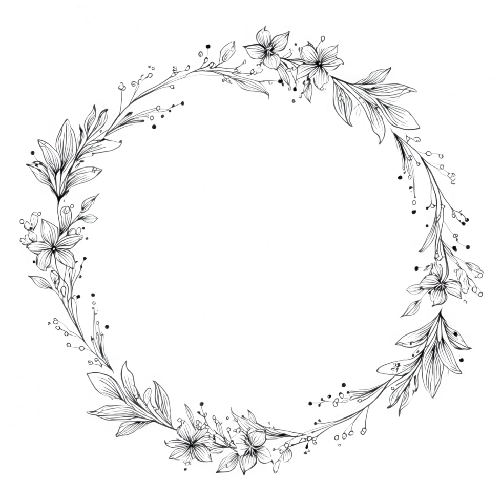 Floral wreath design featuring intricate leaves and flowers, perfect for decorative purposes and adding touch of elegance to any project. This continuous line art creates beautiful frame png