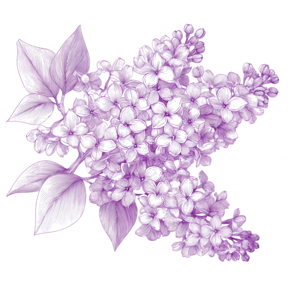 Beautiful lilac cluster featuring fragrant flowers and detailed leaves, creating serene and calming atmosphere. This illustration captures essence of spring and nature beauty png
