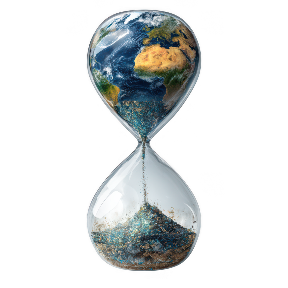 Hourglass symbolizes passage of time, featuring Earth within it, representing urgency of environmental issues. sand flowing through reflects dwindling resources and time we have to address these png