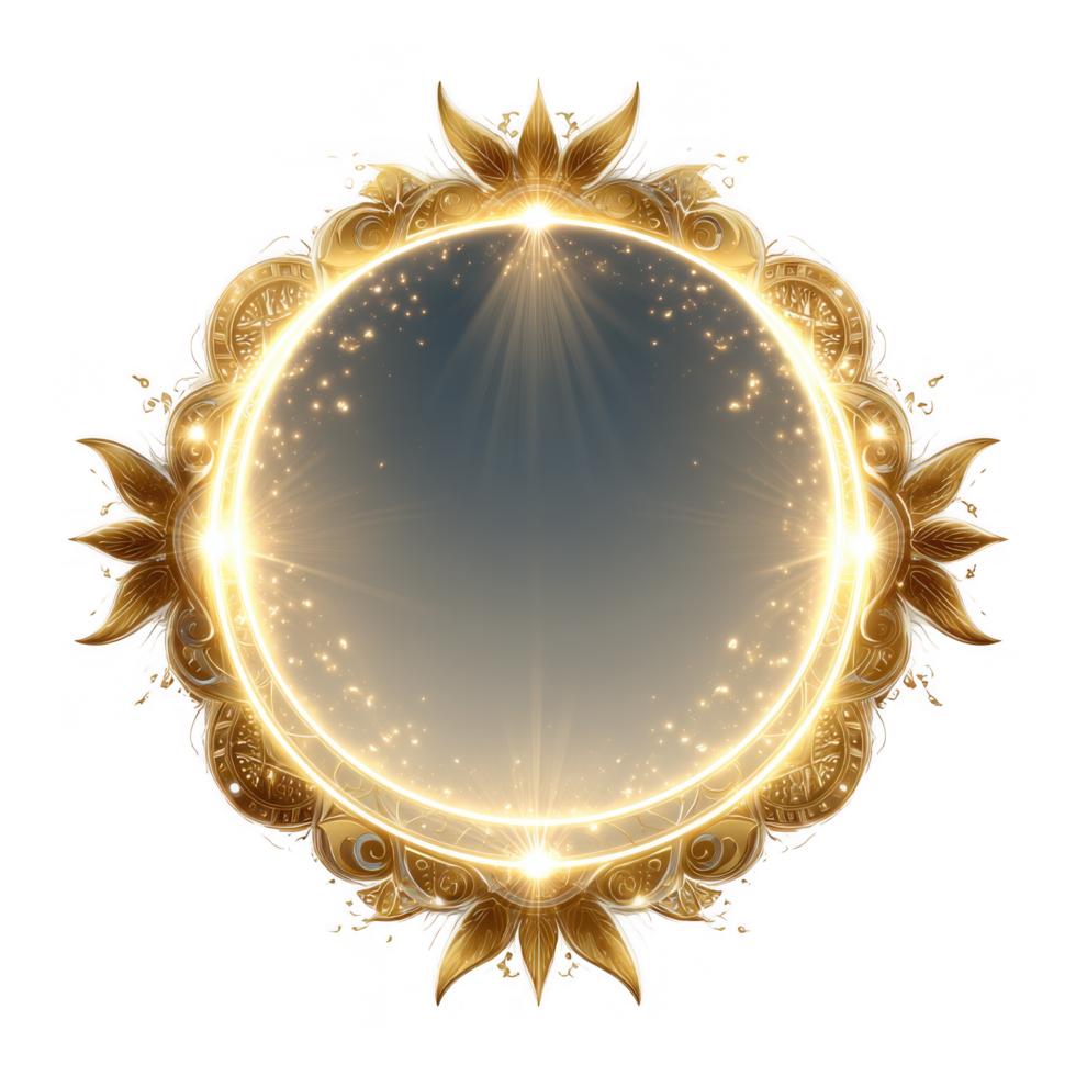 Mystical golden circular frame adorned with intricate floral designs and glowing light emanating from center, creating magical and enchanting atmosphere. This symbol evokes sense of spirituality png