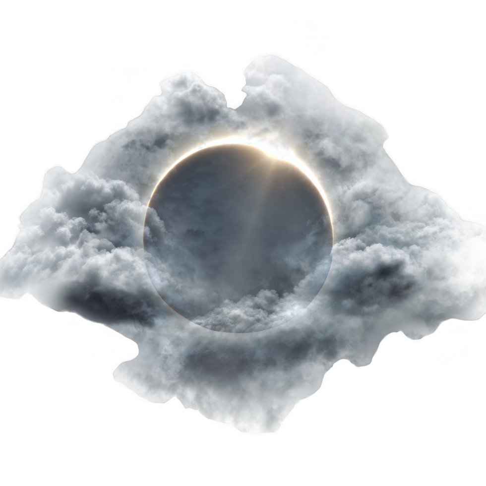 Solar eclipse is beautifully captured through dreamy sky filled with clouds, creating mystical atmosphere. interplay of light and shadow evokes sense of wonder and awe png