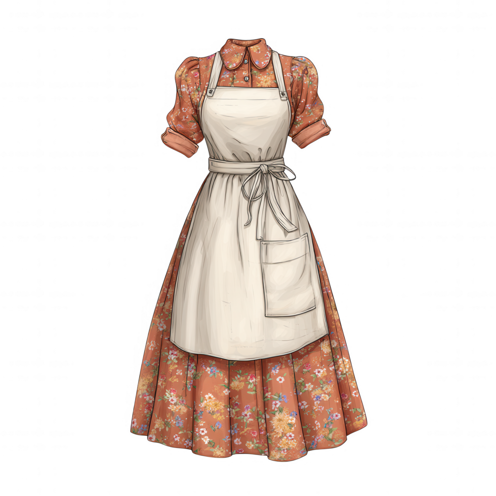 Vintage linen dress with apron, featuring floral pattern and classic collar. This charming fashion element evokes sense of nostalgia and warmth, perfect for various creative projects png
