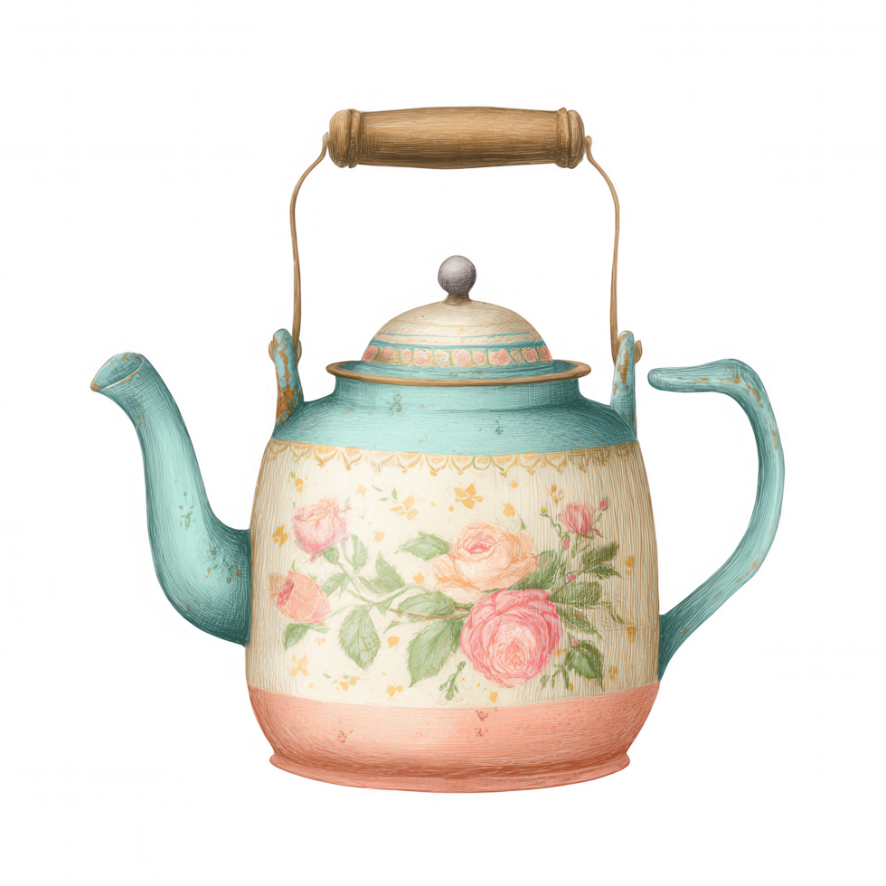 Vintage teapot featuring floral design with roses, showcasing charming cottagecore aesthetic. This kitchenware element adds nostalgic touch to any setting, perfect for tea lovers png