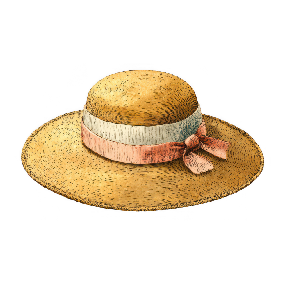 Stylish straw hat featuring decorative ribbon, perfect for sunny days and outdoor activities. This accessory adds touch of elegance and charm to any summer outfit png