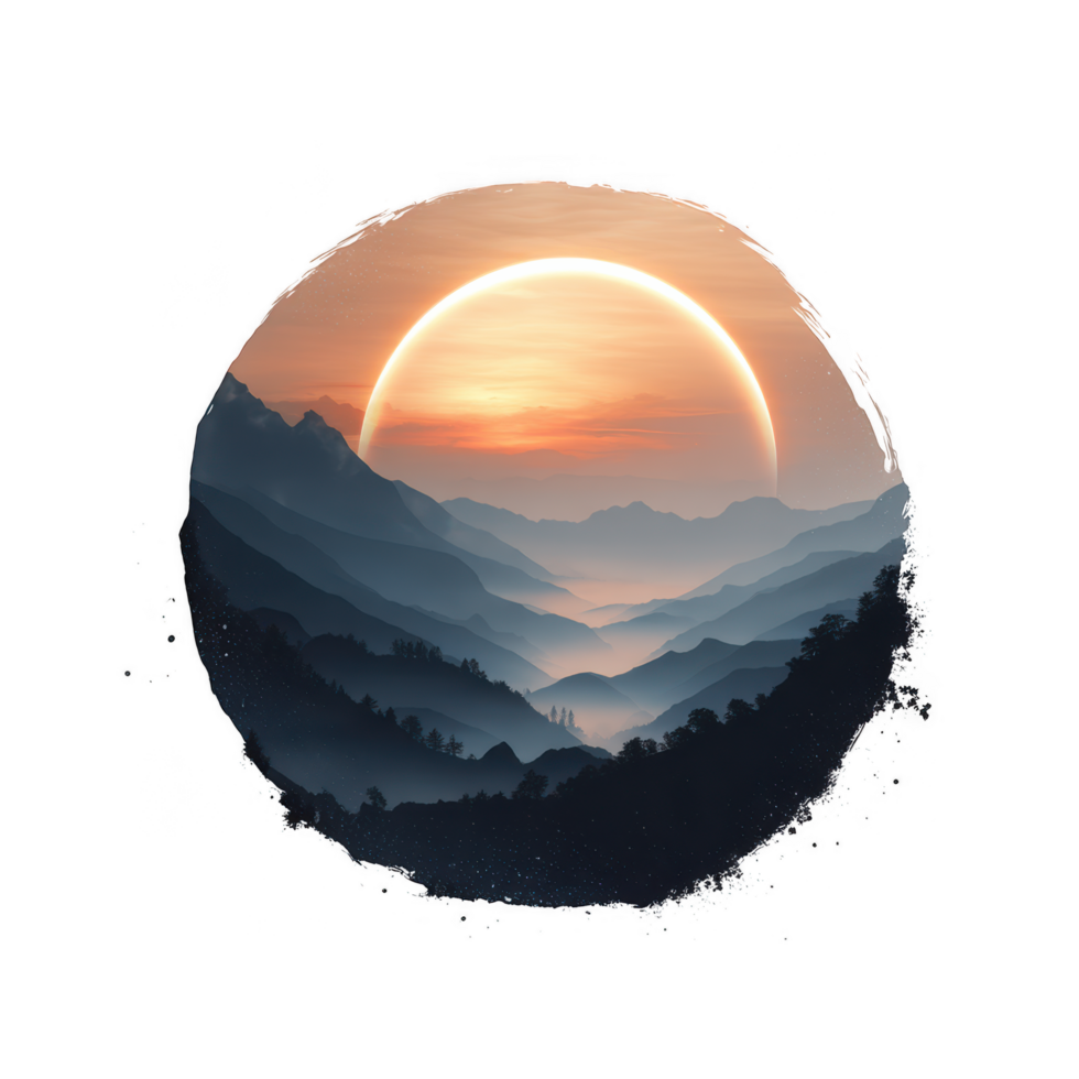 Stunning digital artwork depicting serene mountain landscape sunset, featuring large sun partially obscured by horizon. layers of mountains create sense of depth and tranquility, evoking feelings png