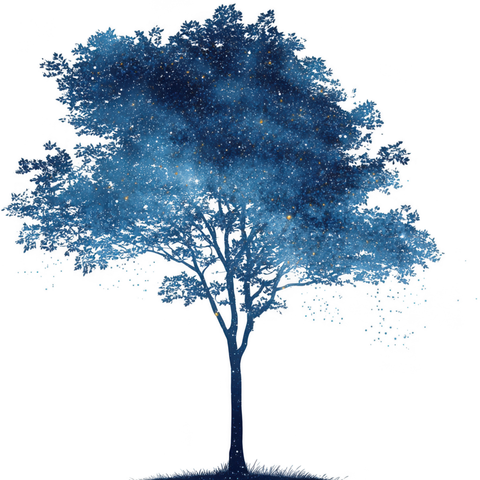 Beautiful silhouette of tree against cosmic night sky filled with stars, creating serene and magical atmosphere. deep blue hues enhance enchanting feel of scene png
