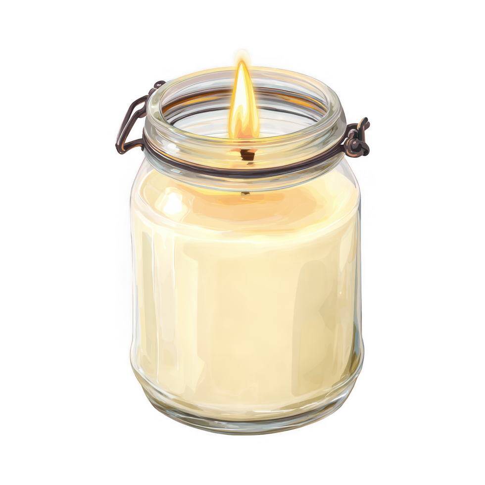 Glowing candle in glass jar creates warm and inviting atmosphere, perfect for relaxation and ambiance. gentle flicker of flame adds soothing touch to any space png