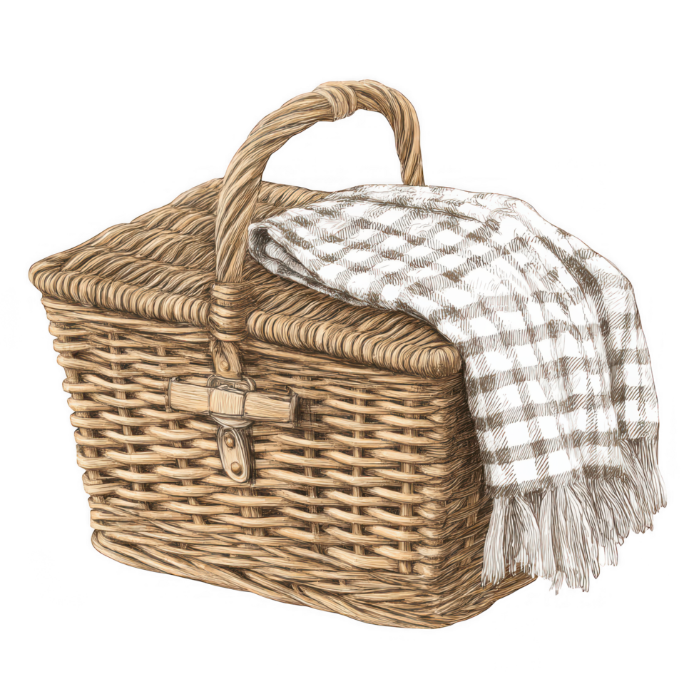 Woven picnic basket with checkered blanket draped over it, perfect for outdoor gatherings and romantic outings. This charming element adds cozy touch to any picnic setting png