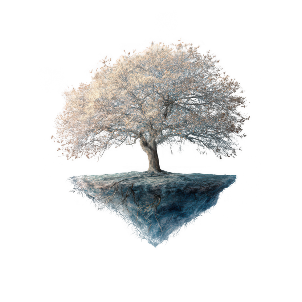 Whimsical floating tree with delicate, pastel colored leaves hovers above rocky surface, creating magical and surreal atmosphere. This enchanting element evokes sense of wonder and tranquility png