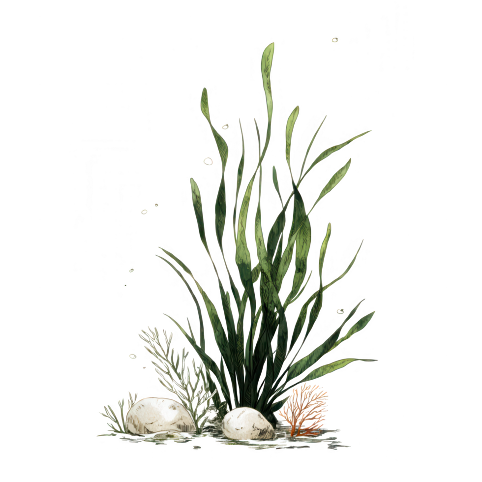 Seagrass with coral and shells creates vibrant marine scene, showcasing beauty of underwater life. This illustration captures essence of healthy reef ecosystem, evoking sense of tranquility png