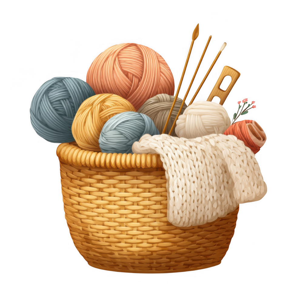 Cozy knitting basket filled with colorful yarn balls, knitting needles, and soft knitted piece, perfect for crafting enthusiasts. This captures warmth and creativity of knitting hobby png