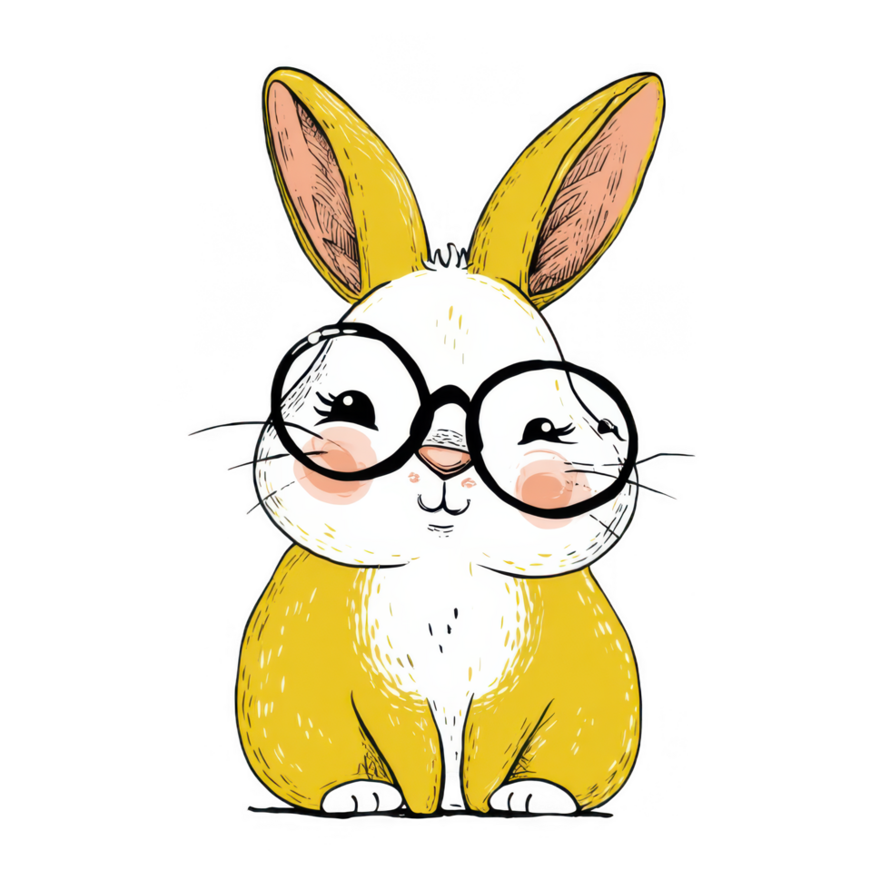 Cute bunny with glasses, featuring cheerful expression and vibrant yellow fur. This adorable character embodies playful and whimsical style, perfect for children illustrations or fun designs png