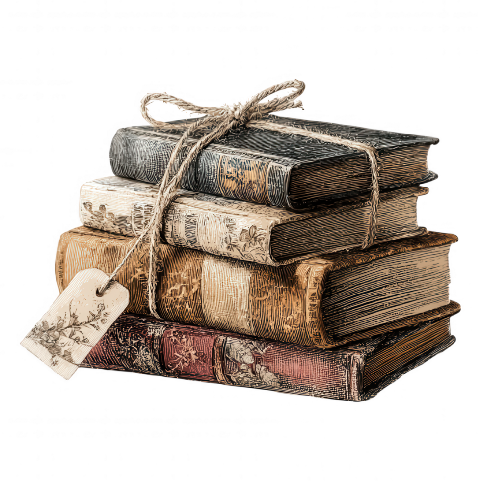 Stack of vintage books tied with twine, featuring intricate designs and tag, evokes cozy and rustic atmosphere perfect for book lovers png