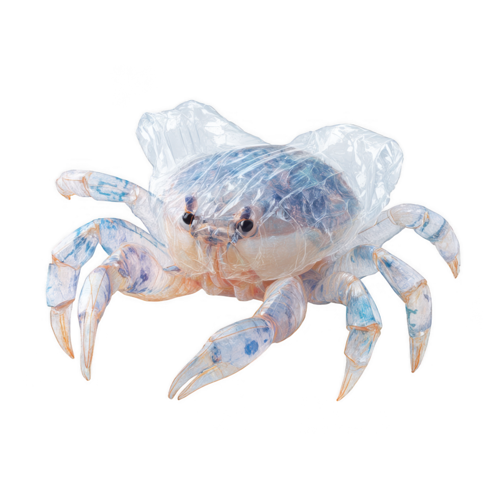 Crab entangled in plastic, symbolizing ocean pollution and impact of waste on marine life. This highlights urgent need for environmental awareness and conservation efforts png