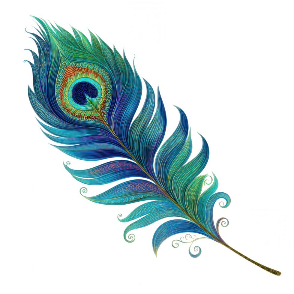 Vibrant peacock feather with intricate patterns and flowing lines, showcasing blend of blue, green, and hints of orange. This artistic representation captures beauty and elegance of nature png
