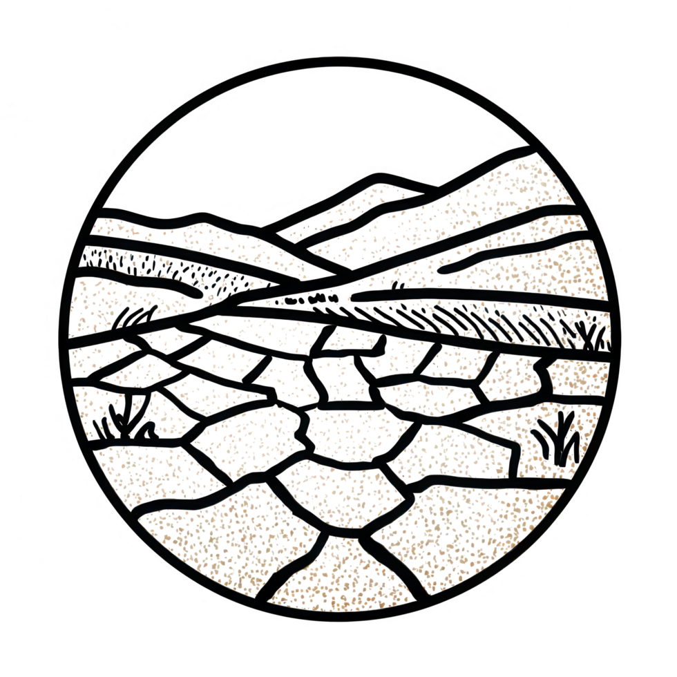 Circular design featuring abstract mountain and land patterns, symbolizing dry and cracked terrain. This artwork represents themes of desertification and climate change, evoking sense png