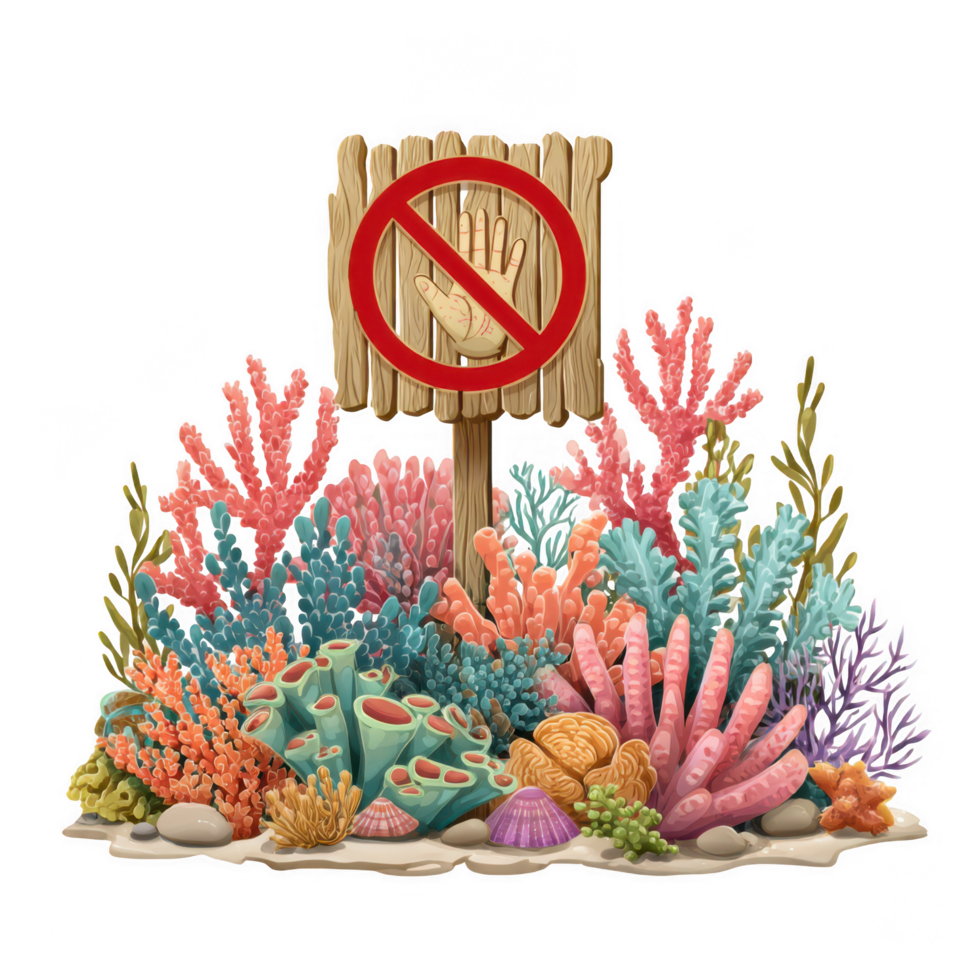 Colorful coral reef with no touch sign, emphasizing marine preservation and importance of protecting underwater ecosystems. vibrant corals and marine life create lively underwater scene png