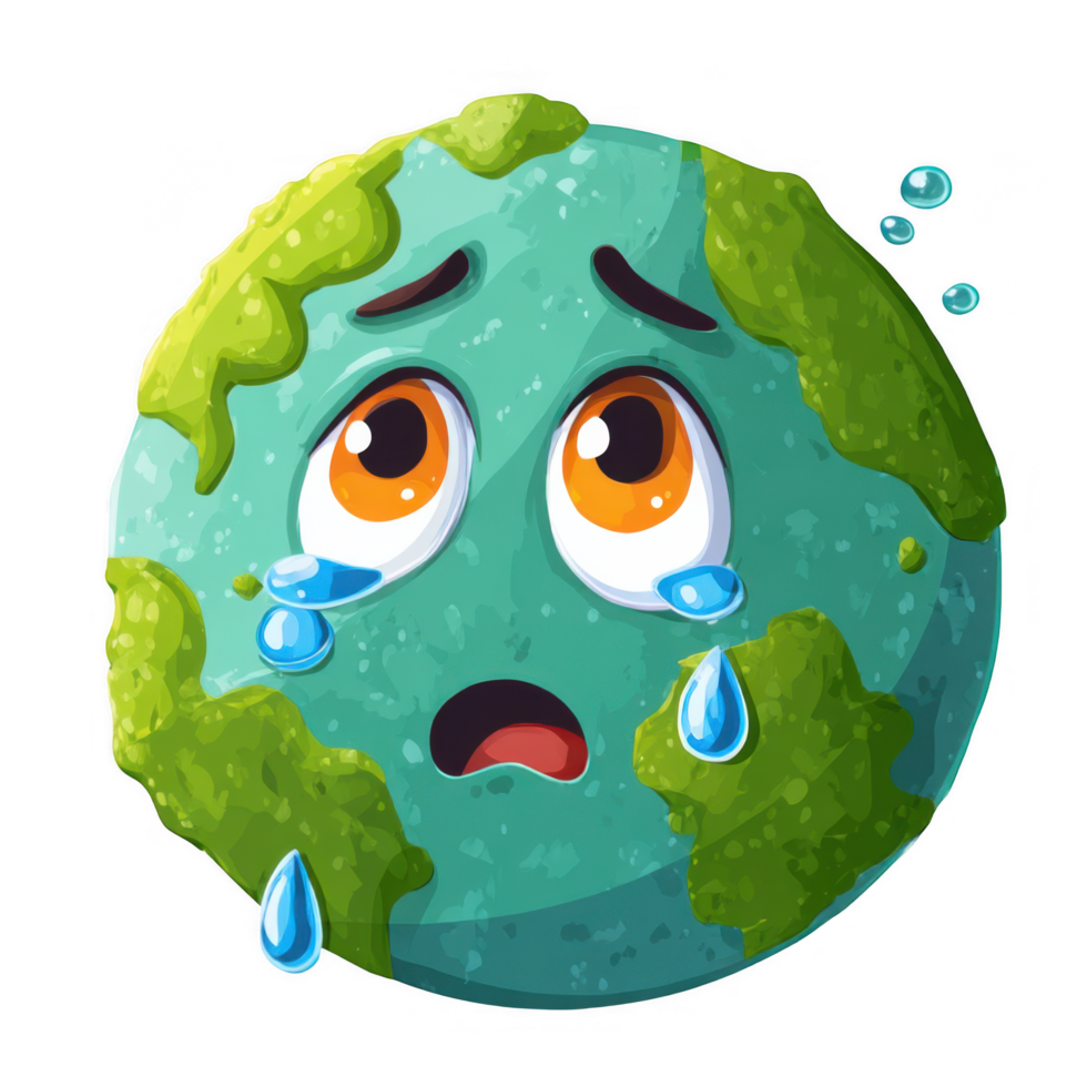 Crying earth character illustration representing emotional distress, symbolizing environmental concerns and sadness. This clipart evokes feelings of empathy and awareness about our planet health png