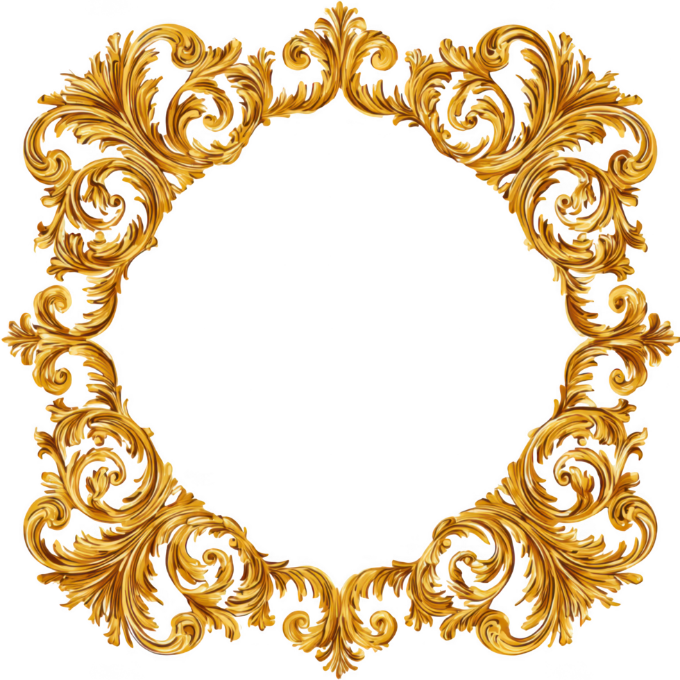 Ornate golden frame with intricate baroque design, featuring flowing elements and detailed patterns, perfect for showcasing artwork or photographs. This elegant piece adds touch of luxury png