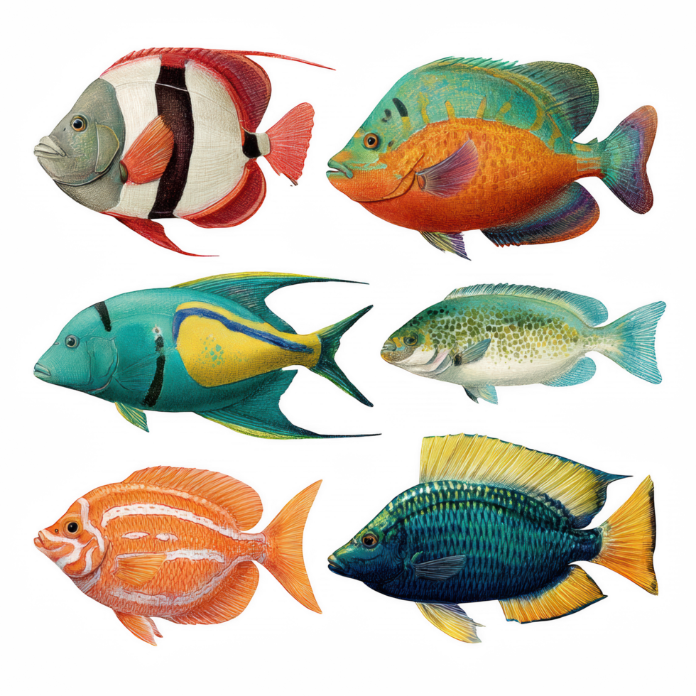 Colorful tropical fish display vibrant patterns and unique shapes, showcasing beauty of ocean life. These fish represent variety of species, each with distinct colors and features png