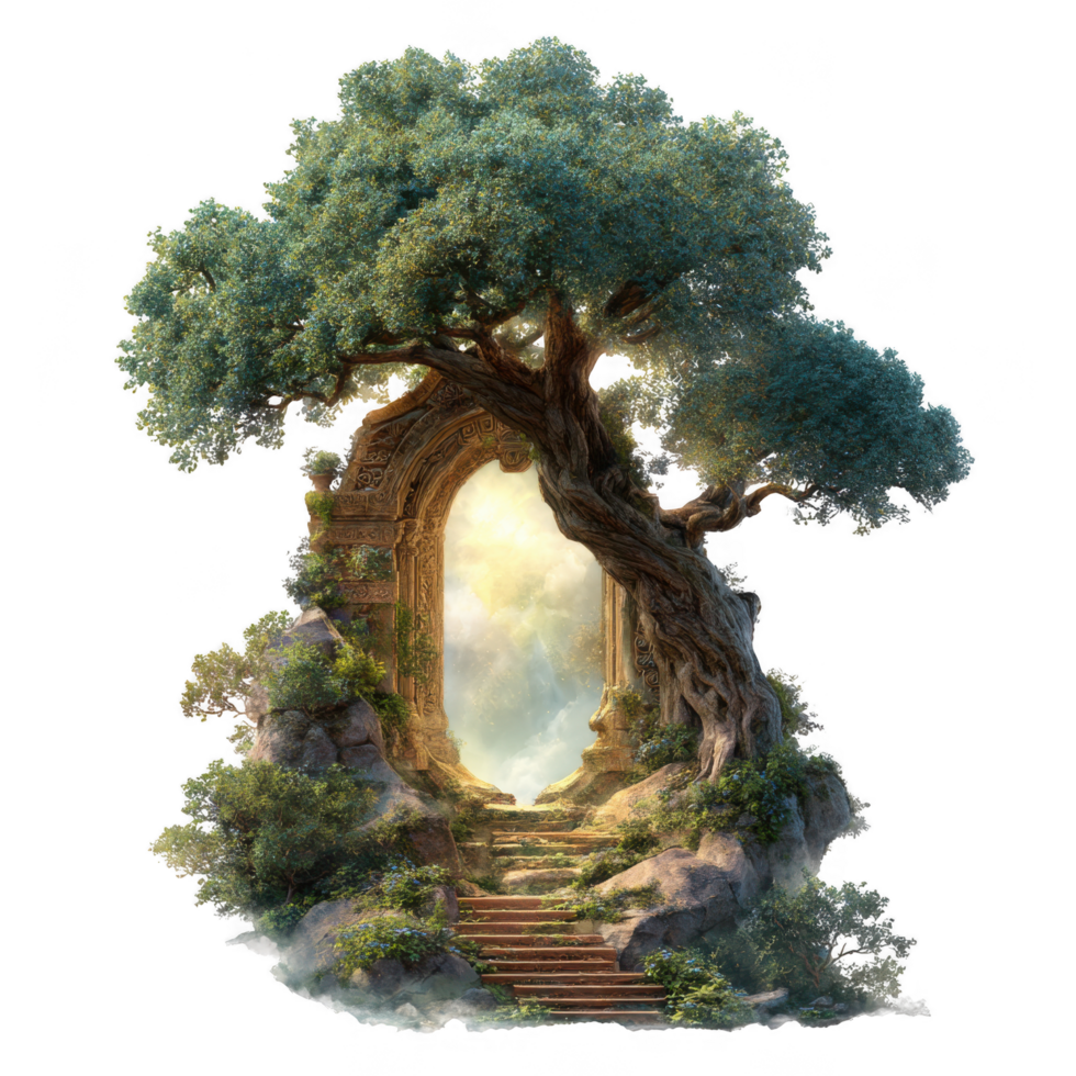 Majestic tree stands tall, framing mystical gateway that leads to serene landscape. scene evokes sense of wonder and tranquility, inviting exploration and imagination png