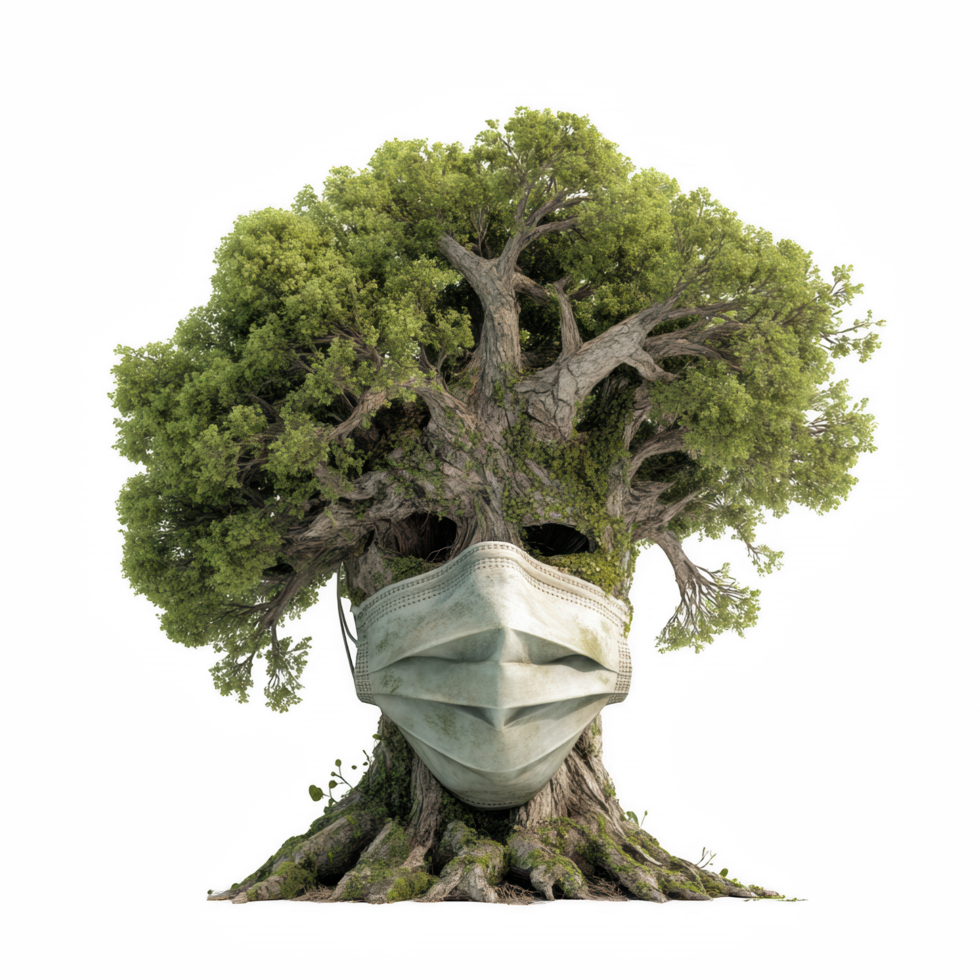 Unique tree with face, wearing medical mask, symbolizes environmental health and awareness. This creative representation highlights importance of protecting nature and our planet well being png