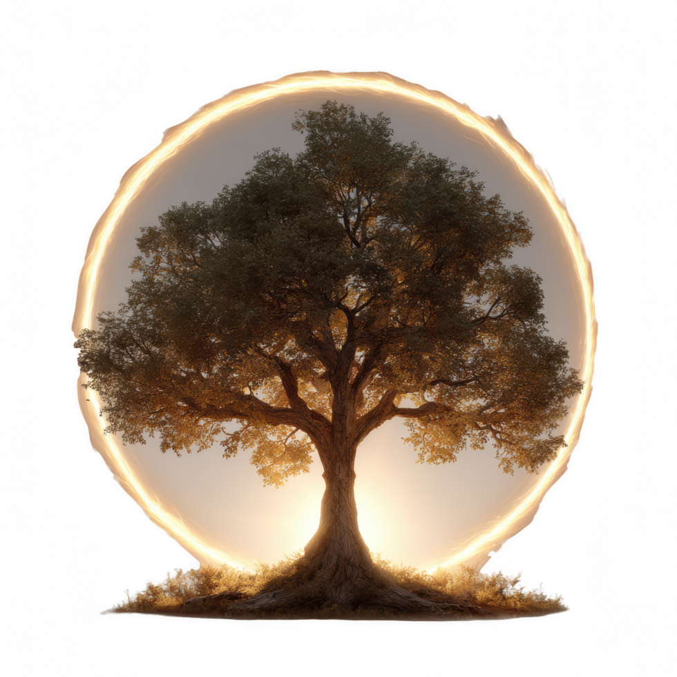 Majestic tree stands at center, illuminated by glowing halo, symbolizing strength and spirituality. warm light creates serene atmosphere, evoking feelings of peace and connection to nature png