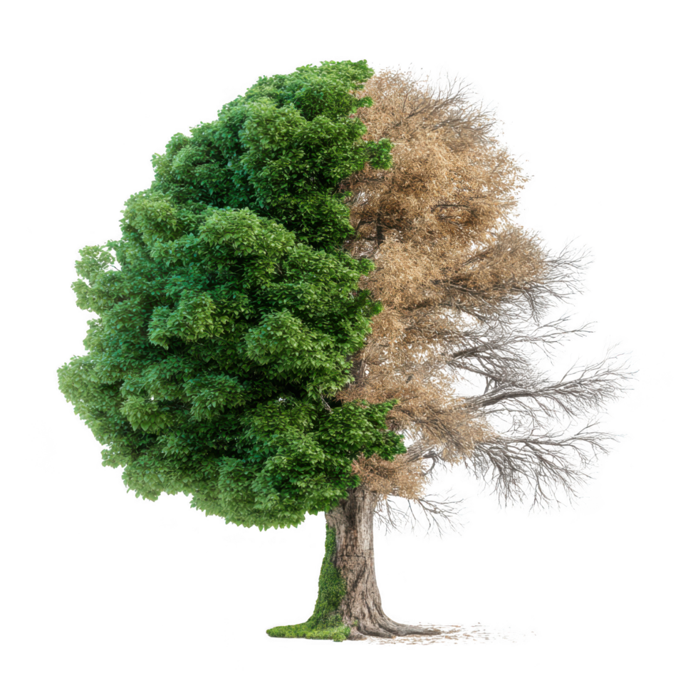 Striking visual representation of tree showcasing stark contrast between vibrant green foliage one side and dry, lifeless branches other. This symbolizes duality of nature and environmental change png