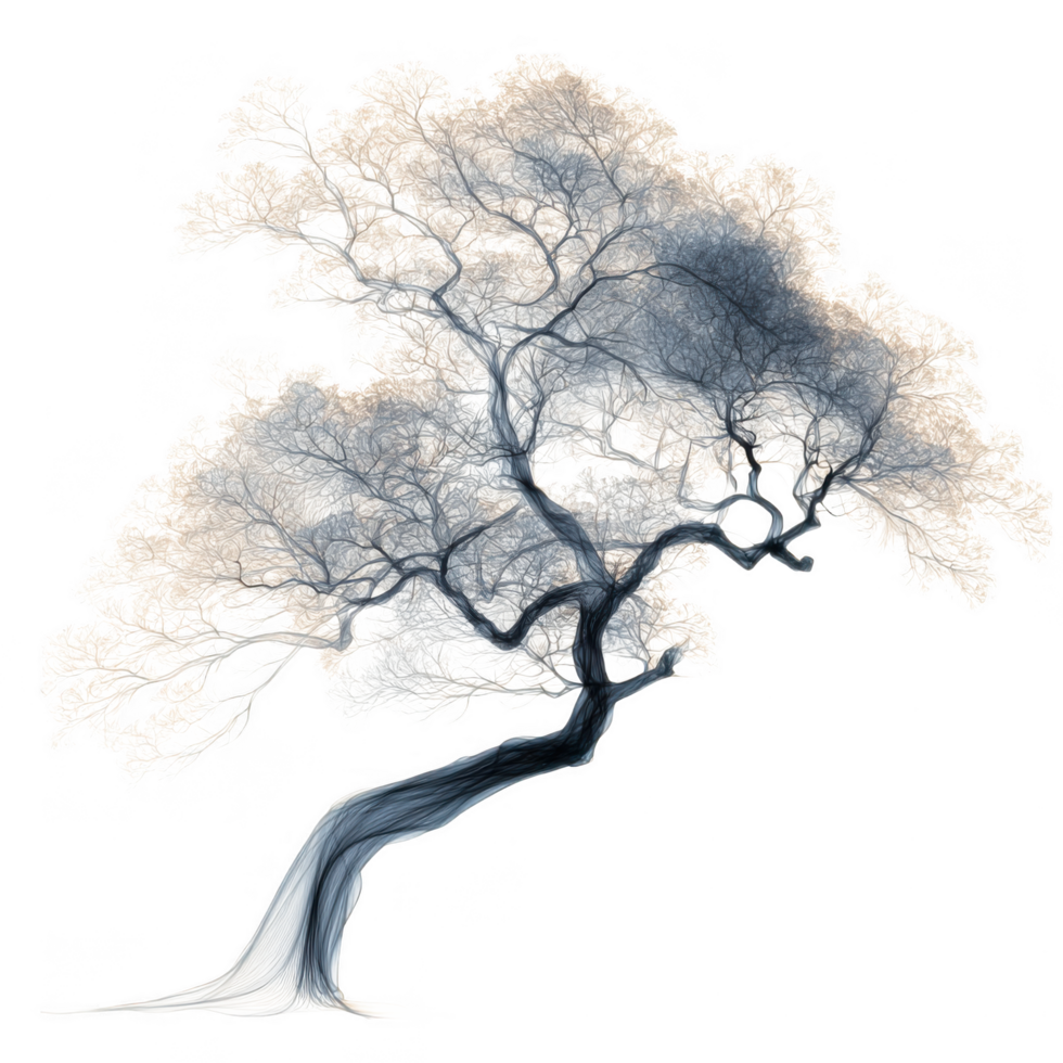 Translucent tree silhouette with intricate branches and flowing base, evoking sense of spirit world. This ethereal design captures beauty of nature and its mystical elements png