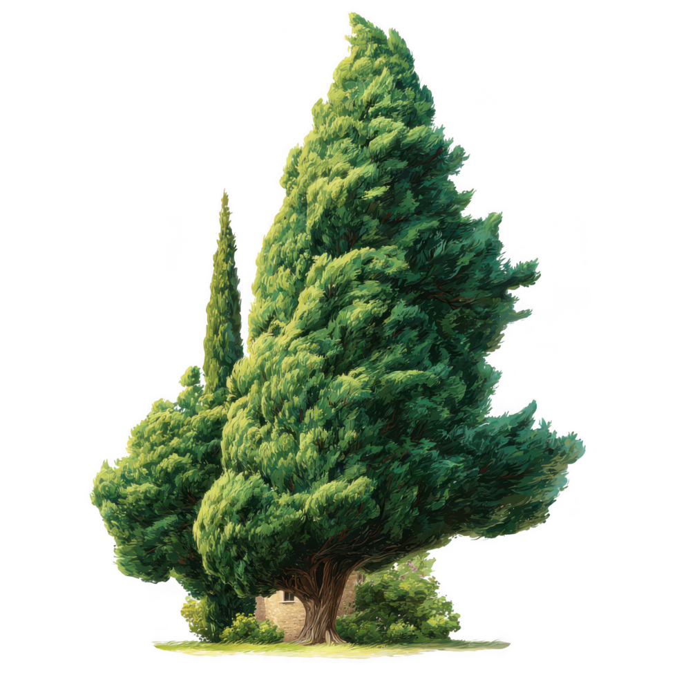 Tall cypress tree stands majestically, showcasing its lush green foliage and unique shape. This natural element adds beauty to any landscape, evoking sense of tranquility and connection to nature png