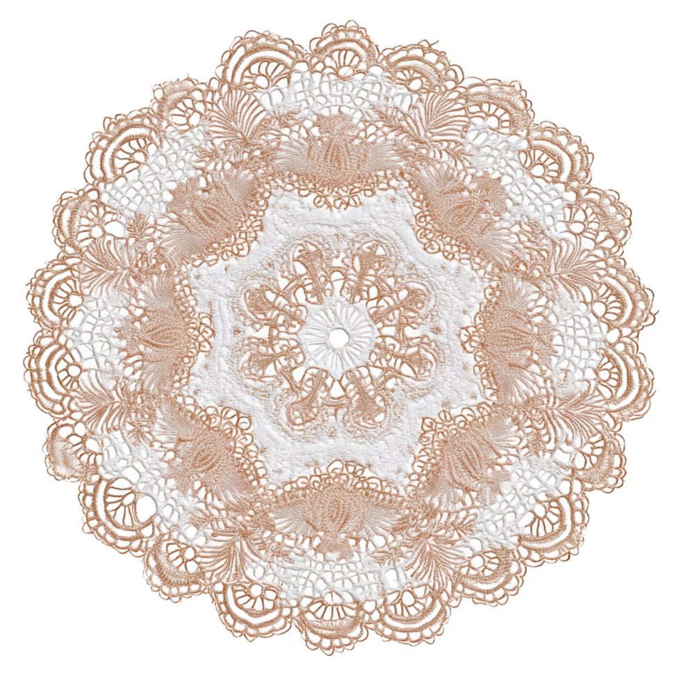 Delicate lace doily featuring intricate patterns and soft color palette, perfect for textile decor. This elegant piece adds charm and sophistication to any setting png