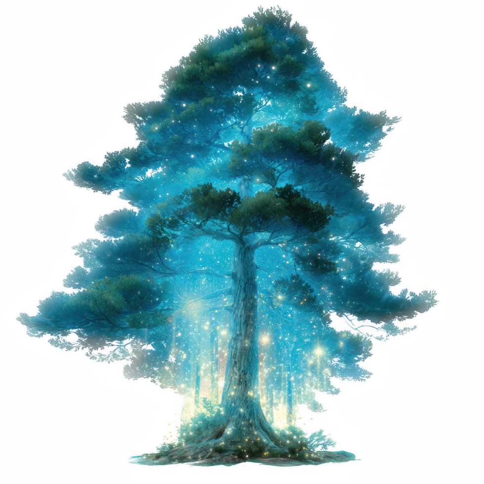 Luminous forest tree stands tall, radiating celestial glow amidst magical atmosphere. Its vibrant colors and sparkling elements create enchanting scene that evokes wonder and tranquility png