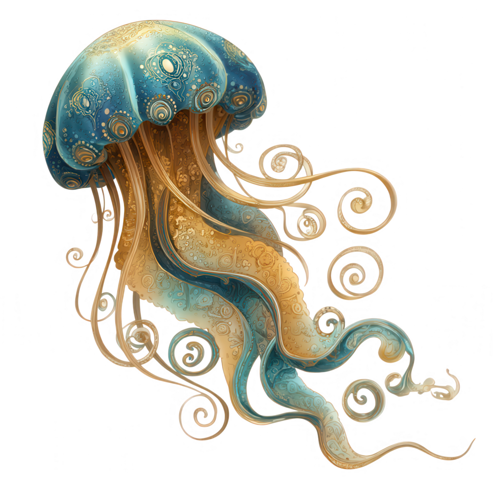 Beautifully designed jellyfish with intricate patterns and swirling tentacles, showcasing vibrant blue and gold colors. This marine creature embodies elegance and grace in its fluid motion png