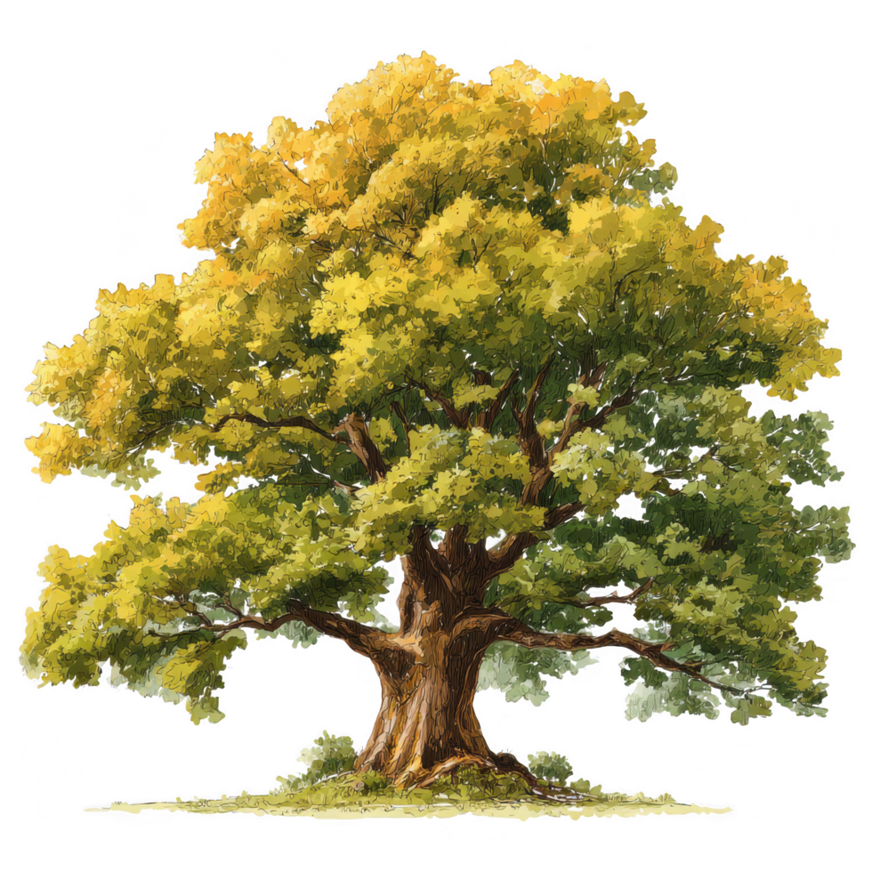 Majestic oak tree stands tall, showcasing its vibrant yellow and green foliage, symbolizing strength and nature beauty. This heavenly forest icon evokes sense of tranquility and connection to png