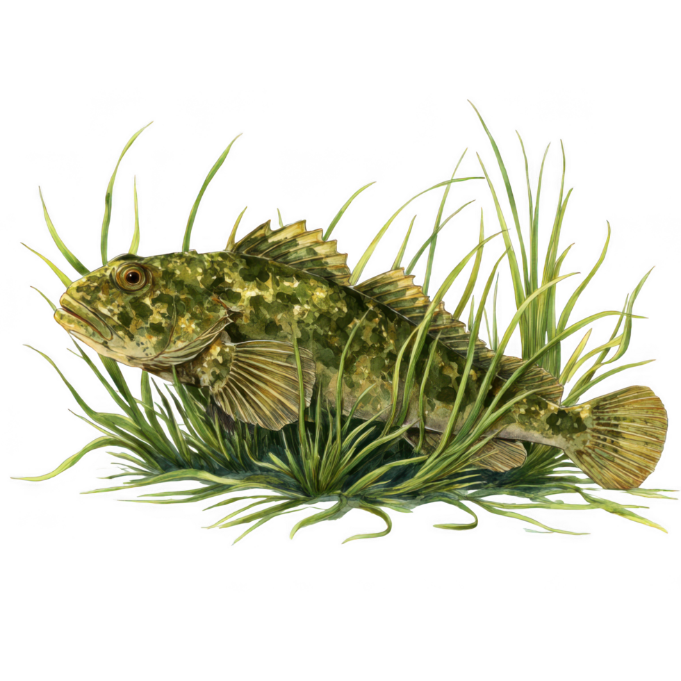 Flatfish camouflaged among seagrass, showcasing its unique patterns and colors. This hidden marine creature blends seamlessly into its environment, evoking sense of tranquility and wonder png