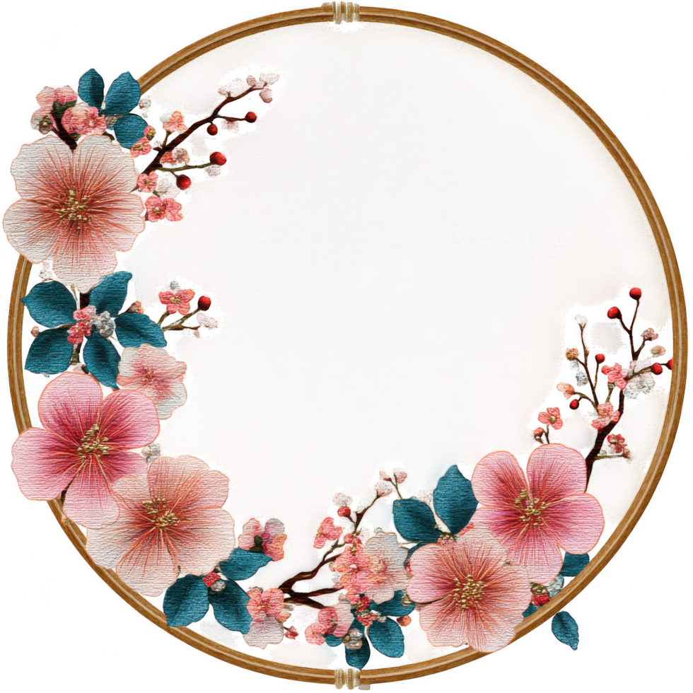 Beautiful floral embroidery hoop featuring delicate pink flowers and green leaves, creating vintage and handmade aesthetic. This charming design adds touch of elegance and warmth to any space png