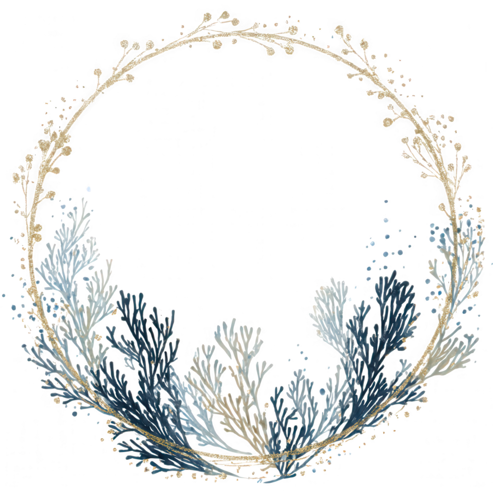 Decorative circular frame featuring delicate sea inspired elements soft blue and white tones, evoking serene oceanic atmosphere. This artistic piece is perfect for enhancing various design png