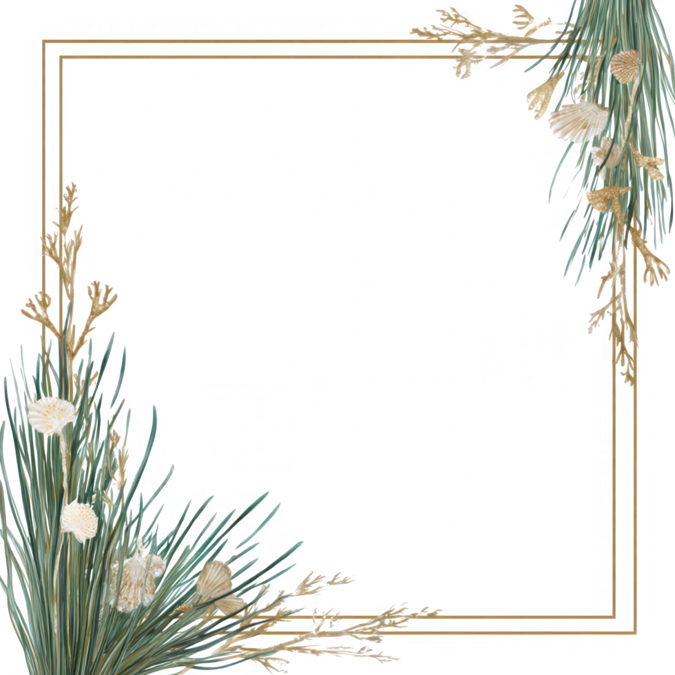 Decorative element featuring framed seagrass border with botanical illustrations, creating serene and natural aesthetic. This clipart is perfect for ocean themed designs and adds touch of elegance png