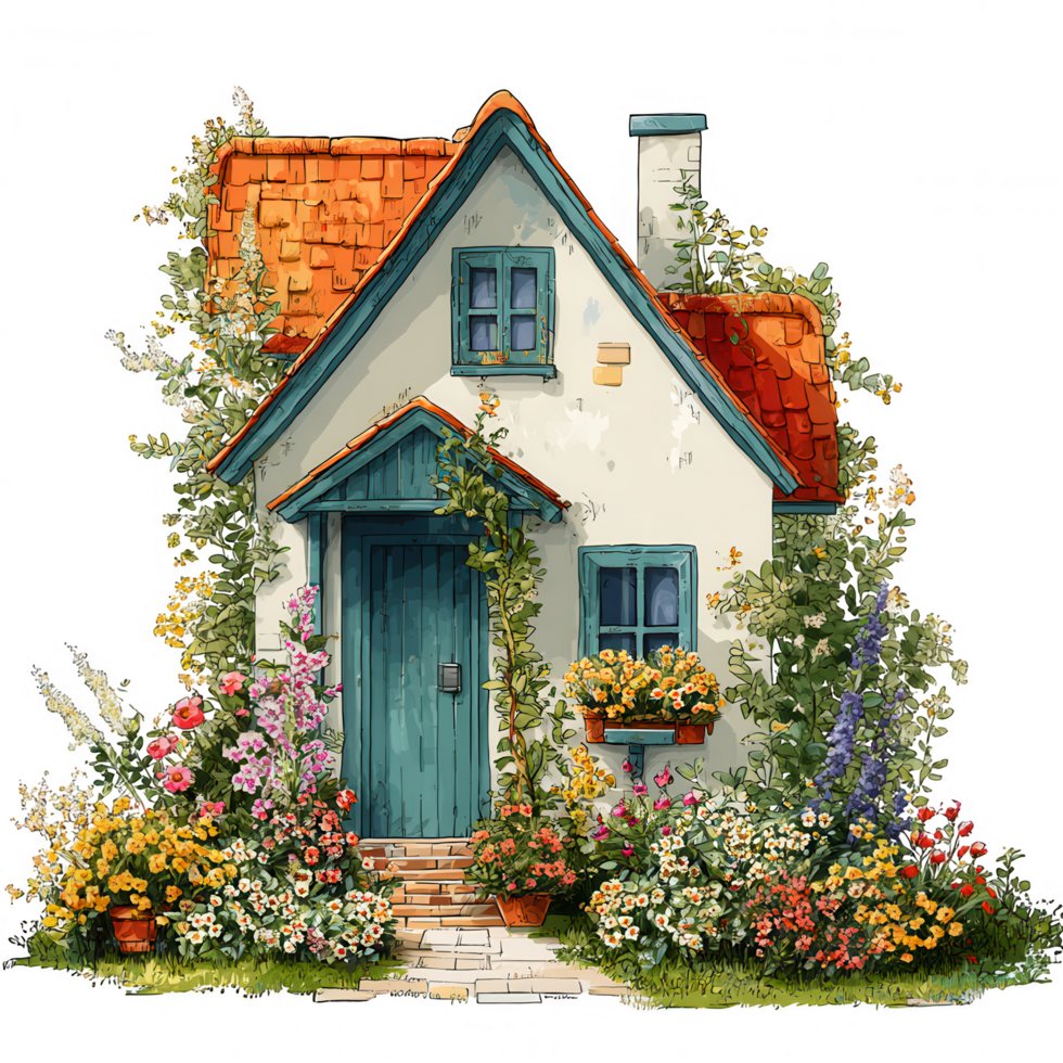 Charming cottage surrounded by vibrant flower garden, featuring red tiled roof and colorful blooms. This picturesque home element evokes sense of romance and tranquility png