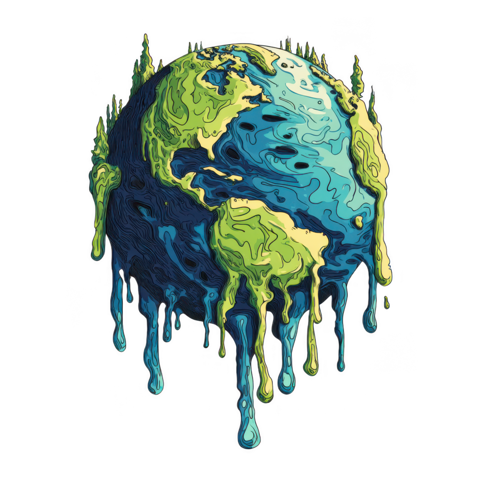 Melting earth illustration symbolizes environmental concerns, showcasing colorful globe with dripping elements. This artwork emphasizes urgency of climate action and sustainability png