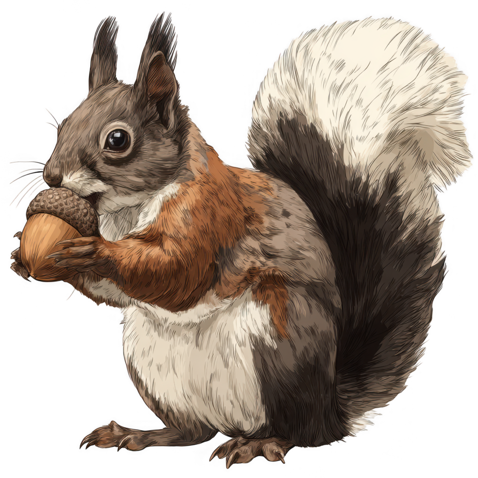 Detailed illustration of squirrel holding acorn, showcasing its fluffy tail and expressive features. This charming forest animal embodies playful spirit, perfect for nature themed designs png