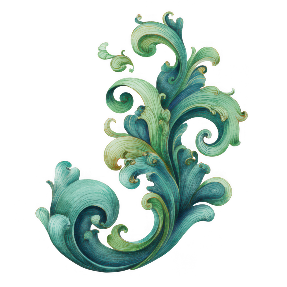 Elegant seagrass scroll design featuring intricate swirls and curves in shades of green and blue, perfect for nature inspired decor elements. This artwork adds touch of sophistication and beauty png
