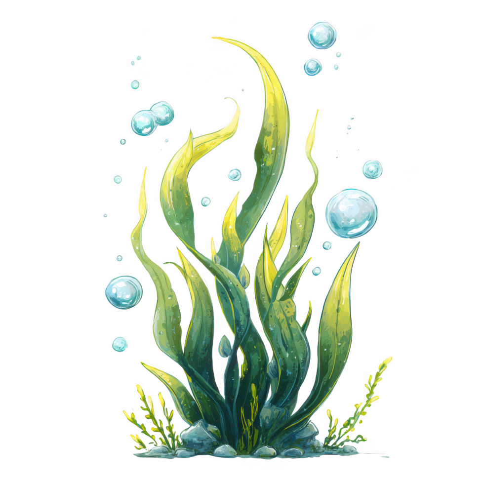 Aquatic plant with vibrant green leaves and bubbles, creating lively underwater scene. This illustration captures essence of serene aquatic environment, perfect for various creative projects png