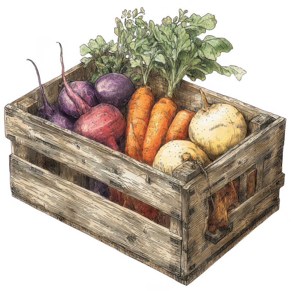 Wooden crate filled with fresh vegetables including carrots, radishes, and turnips, showcasing vibrant colors and rustic charm. This farm element evokes sense of wholesome harvest and natural png