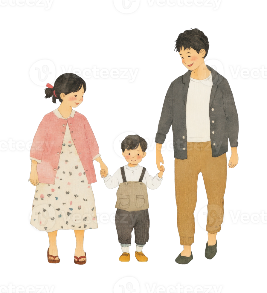 Caucasian family with young child holding hands in happiness illustration png