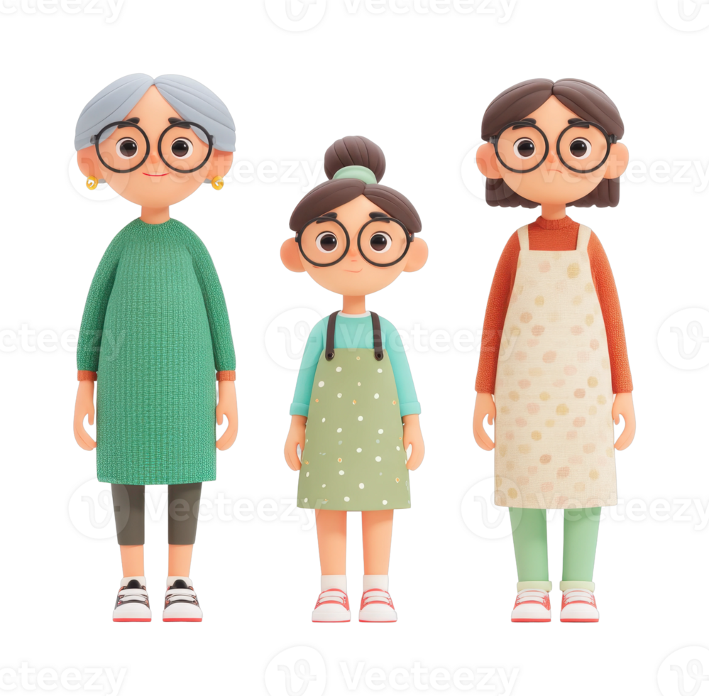 Three generation family cartoon character set with glasses and aprons png